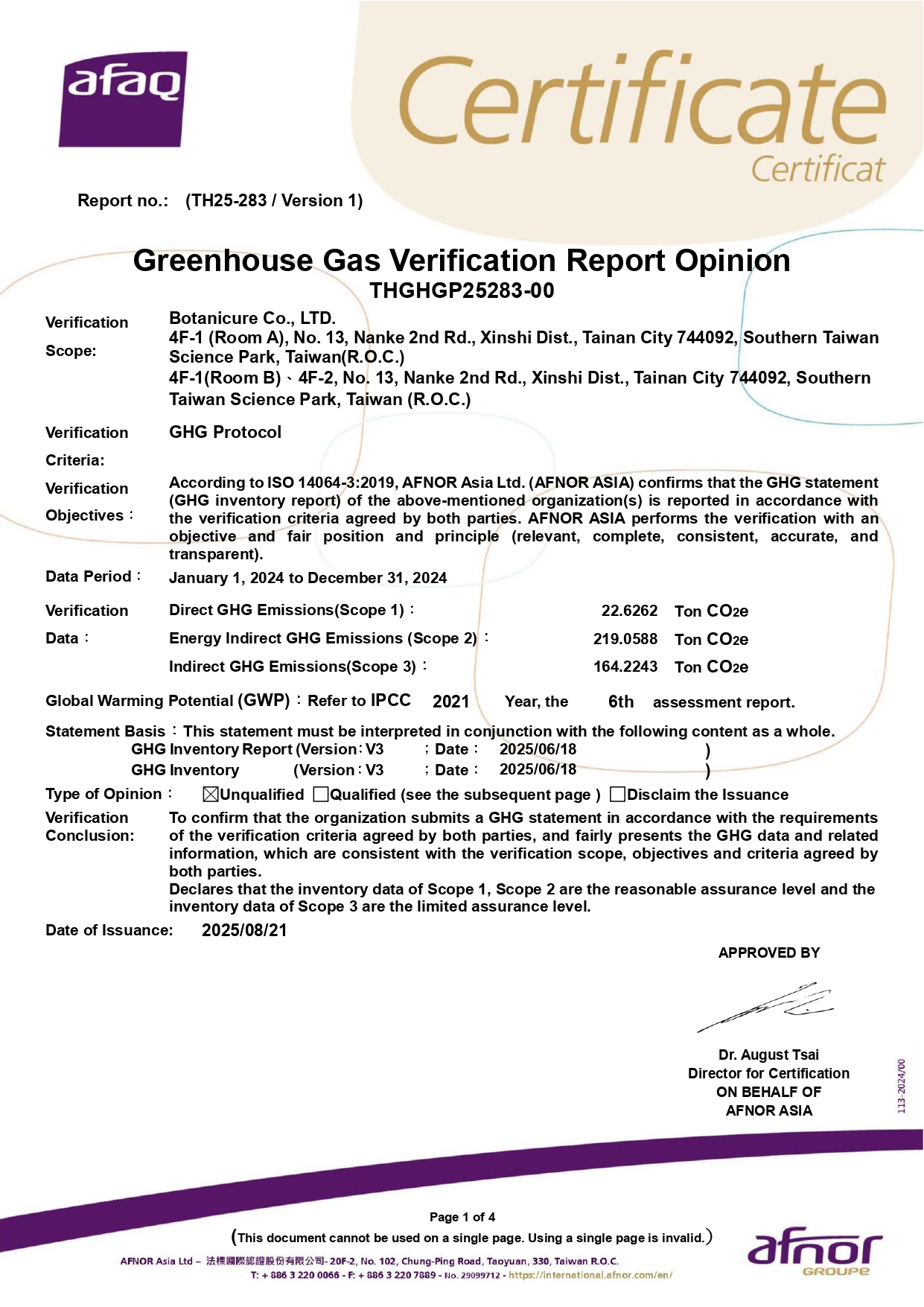 Greenhouse Gas Verification Report Opinion THGHG24731-00     溫室氣體查證報告意見書